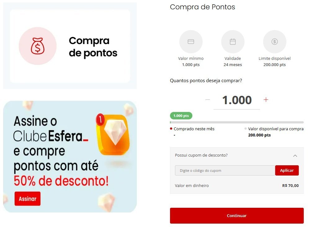 Esfera encerra hoje oferta de compra de pontos com até 50% de desconto e parcelamento em 12 vezes - Imagem do artigo original